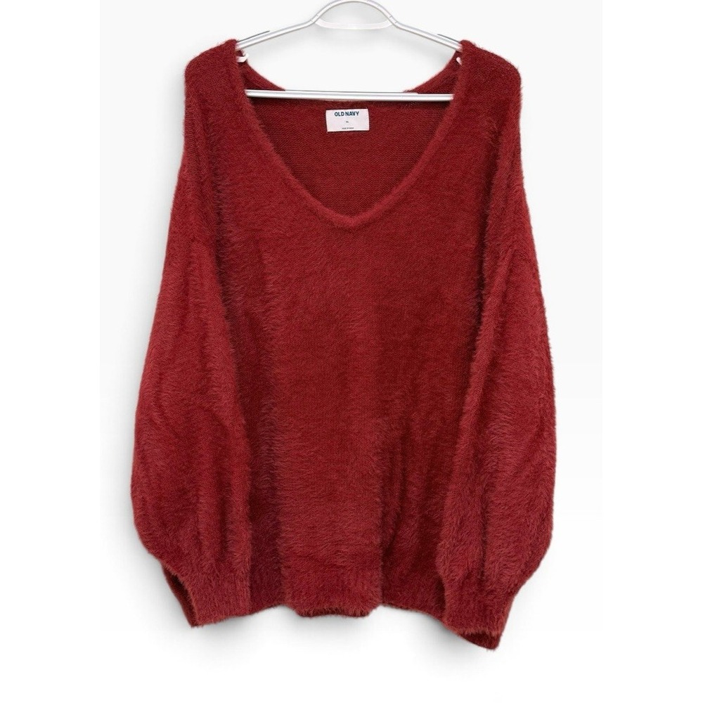 Red Fuzzy Knit V Neck Pullover Sweater Oversized XL Cozygirl Cabincore Lounge